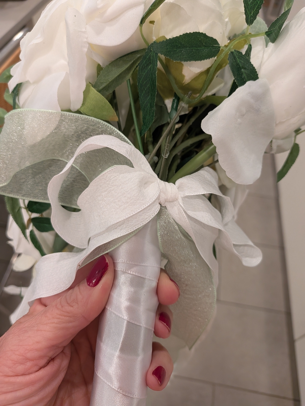 Bridal White Cascading Faux Bouquet with Greenery - Picture 7 of 13
